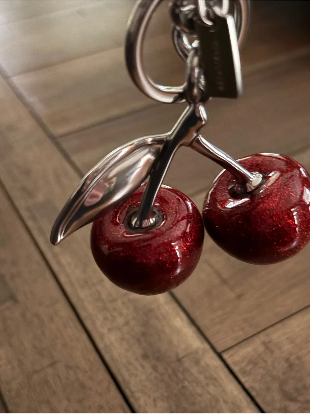Coach Red Glitter Cherry Keychain with Silver Hardware